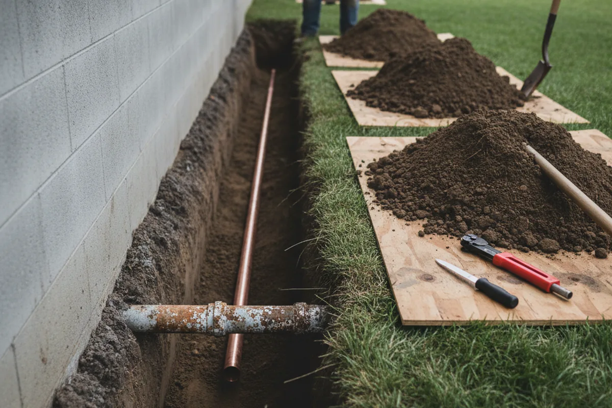 Excavated water line trench during Sewer Line Repair in Rutherford